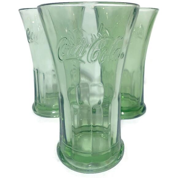 Coca Cola Glasses Green Thick and Heavy by Libbey Retro Look Lot of 3 - Picture 1 of 6